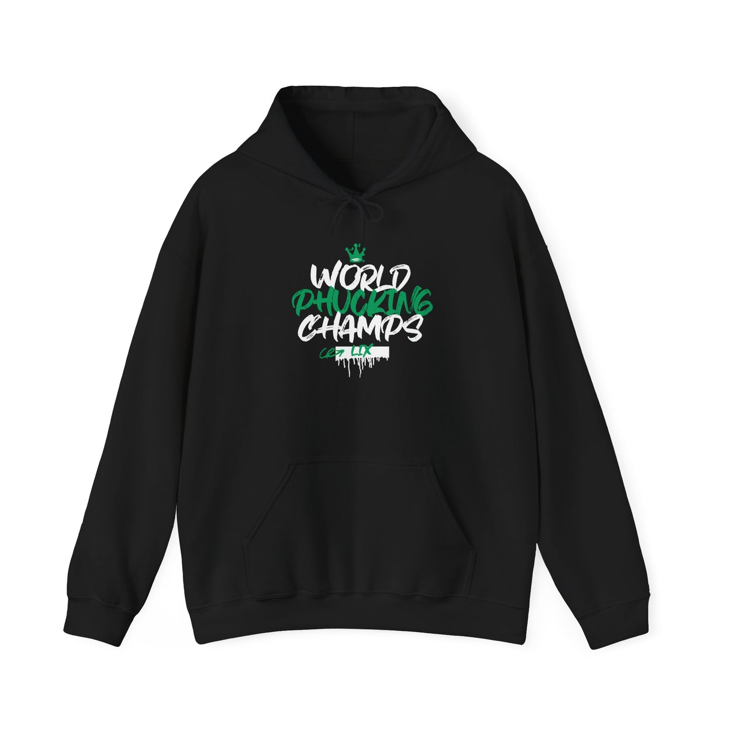 Black hoodie with 'World Phucking Champs' text on a white background