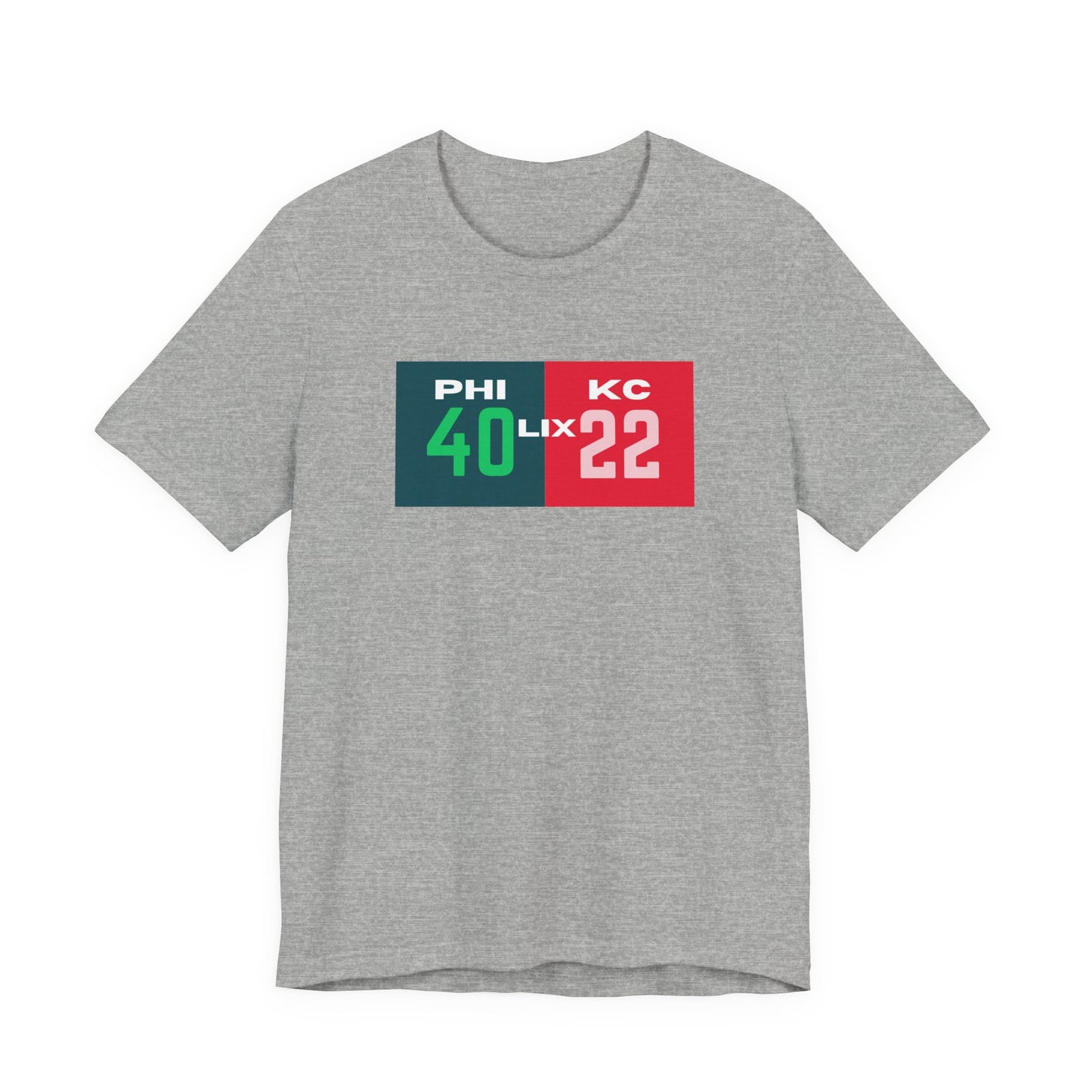 Gray t-shirt with sports-themed design featuring numbers and letters on a white background