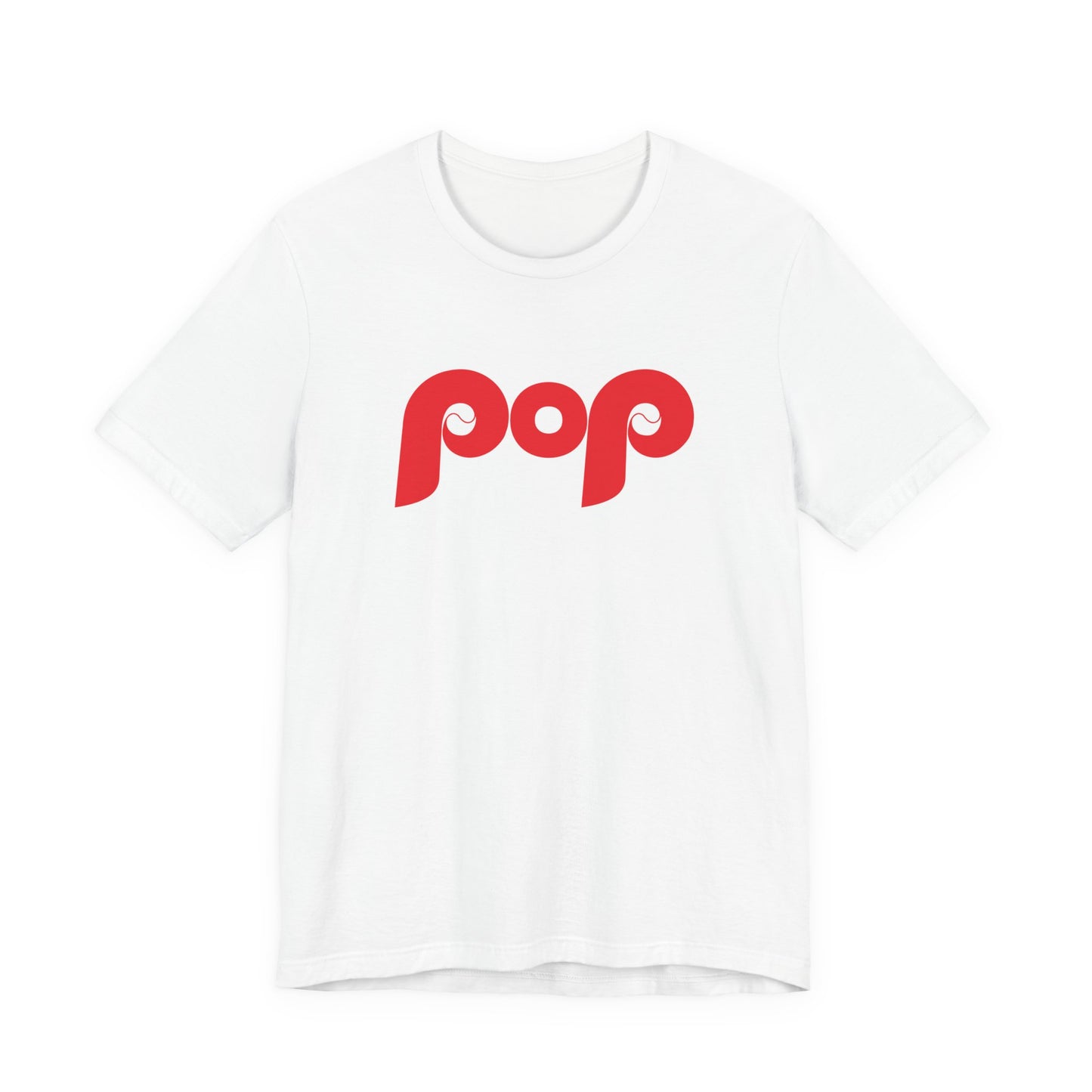 White t-shirt with red 'pop' logo on a white background