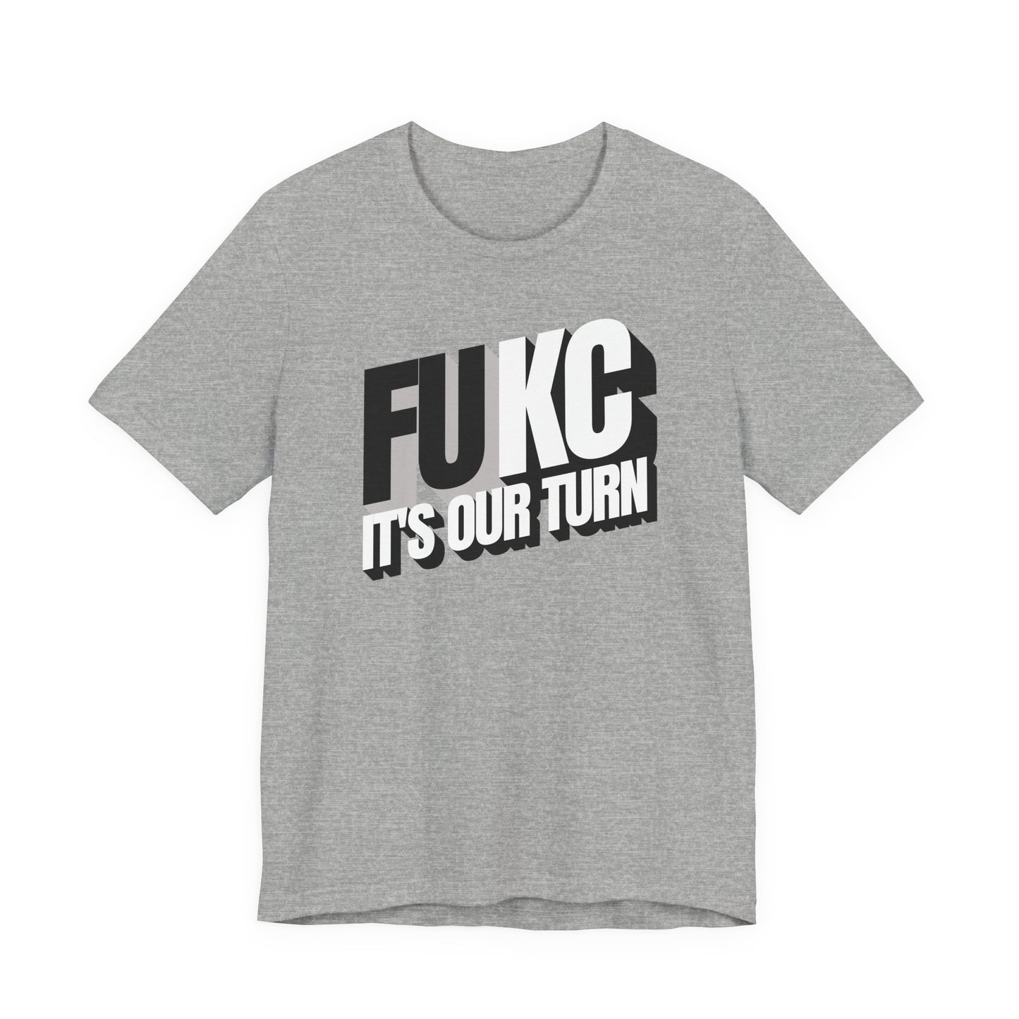Gray t-shirt with black and white text on a white background