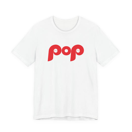 White t-shirt with red 'pop' logo on a white background