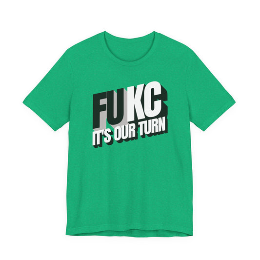 Green t-shirt with black and white text on a white background