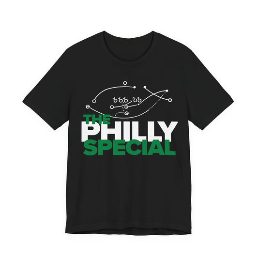 Black t-shirt with 'The Philly Special' graphic design on a white background