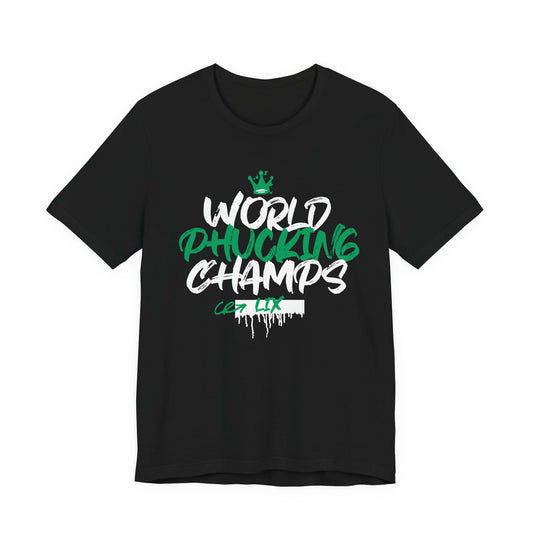 Black t-shirt with 'World Rhuling Champs' text in white and green on a white background