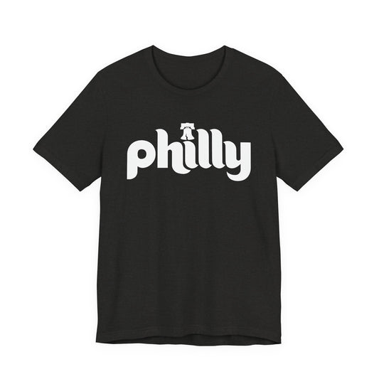 Black t-shirt with 'philly' printed in white on a white background